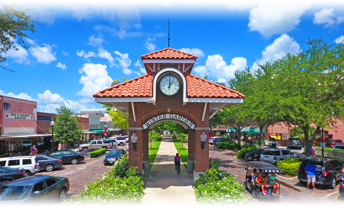 Clock tower arch in historic downtown Winter Garden Florida