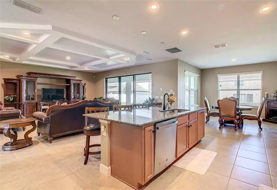 Kitchen flows into the family room
