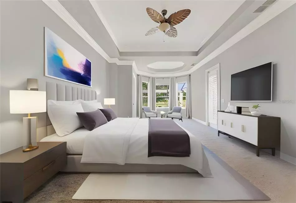 Oversized Master Bedroom with Bay Windows and Door to Pool Area