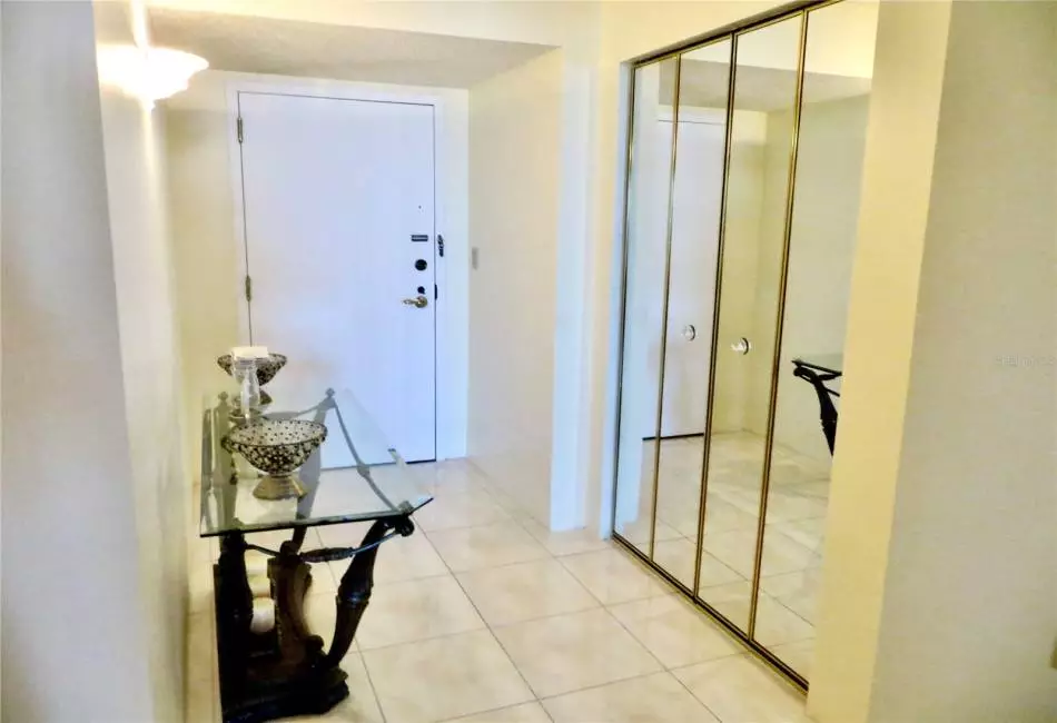 Foyer with mirrored closet.