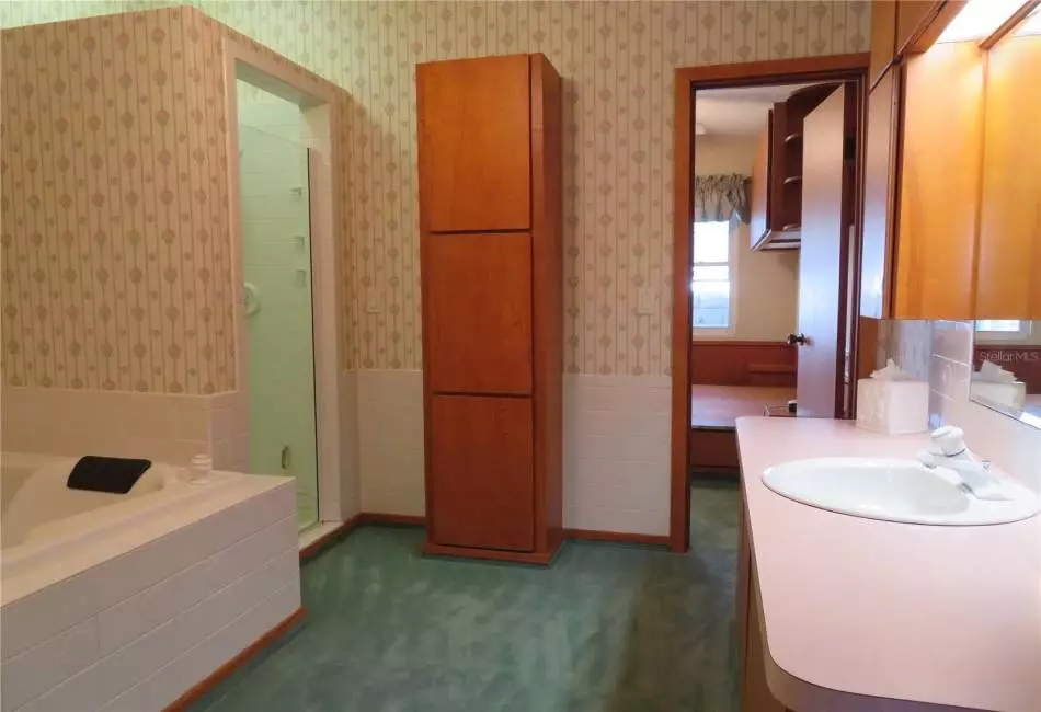 Spacious bathroom with 2 person jacuzzi tub and walk-in shower